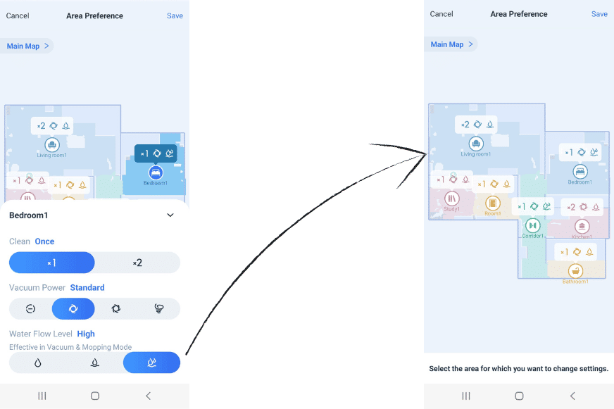 Die Wasserabgabemenge des Ecovacs Deebot T10 wird in der App festgelegt.